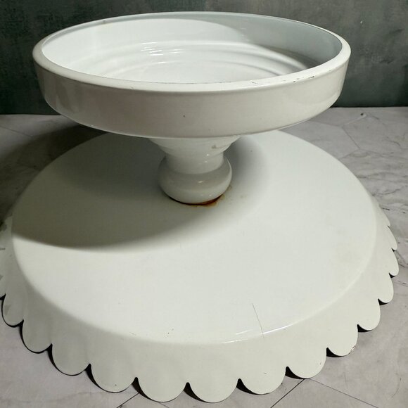 2 Scalloped Edged Pedestal White Cake or Dessert Stands Metal 10” & 8” OSD - Picture 4 of 8